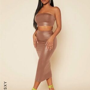 NWT SHEIN SXY PU Leather Crop Tube Top & Pencil Skirt (Apricot )Size: L
